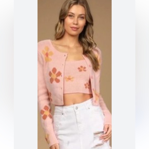 Emory Park Pink and Flower Knit Crop Top, Sz L - Picture 7 of 7
